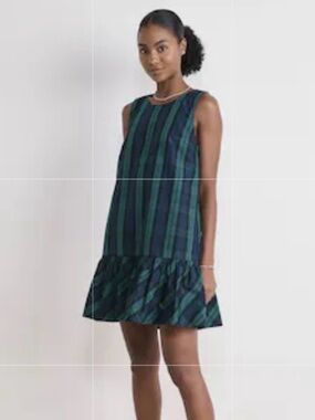 Vineyard Vines Green and Navy Plaid Sleeveless Ruffle-Hem Jody Dress